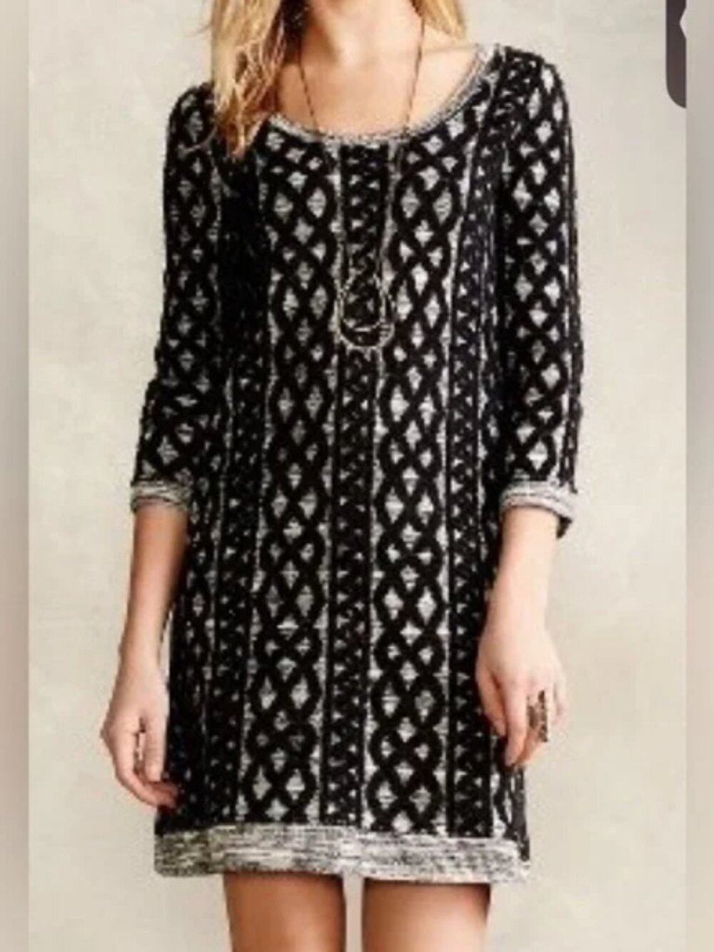 Anthropologie Moth Black White Geometric Knit 3/4 Sleeve Sweater Dress | S